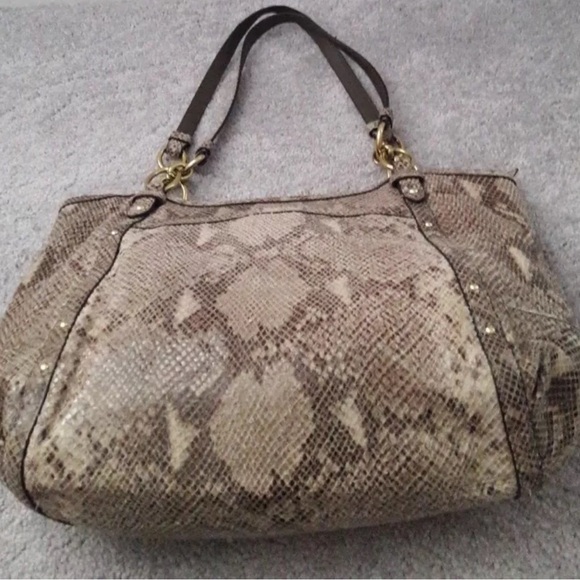 COACH ALEXANDRA gray snake print shiny  suede leather tote shoulder bag tote - Picture 1 of 11